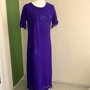 Vintage 80s 90s Indigo Purple Fringe Floral Embossed Midi Maxi Dress